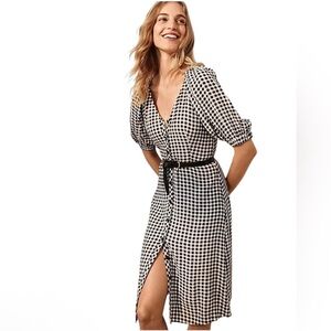 Ann Taylor Gingham Puff Sleeve Button Front Belted Midi Shirt Dress Sz 4